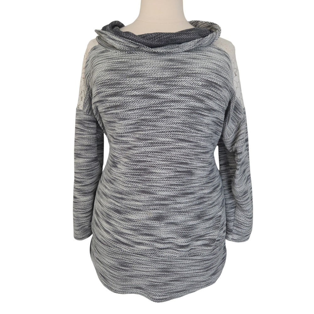 Miss Chievous Womens 3X Space Dye Cowl Neck Tunic Top Lace Shoulder Black White